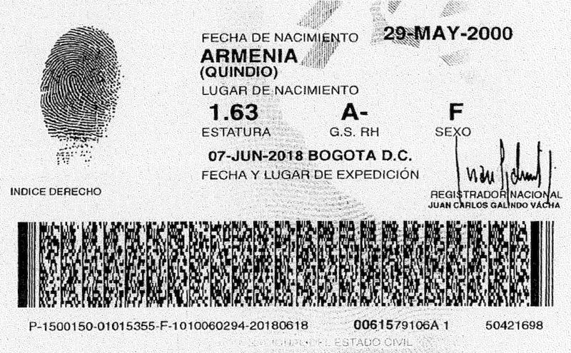 Cédula de ciudadanía de Maria Camila Osorio Sepulveda — reverso