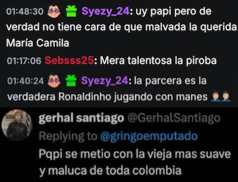 Syezy_24: 'la parcera es la verdadera Ronaldinho jugando con manes'; gerhal santiago: 'Papi se metio con la vieja mas suave y maluca de toda colombia'
